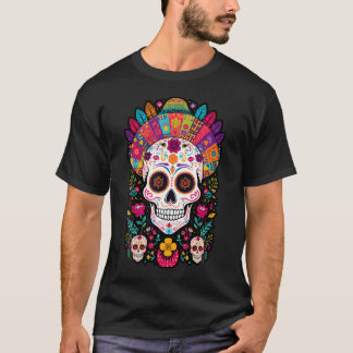 Bunte Totenkopf-Blumen Mexikanische Tradition Dia T-Shirt