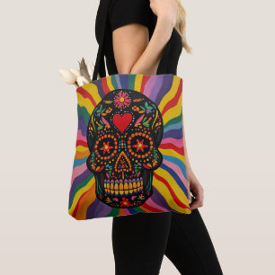 Bunte Totenkopf-Tragetasche mit Regenbogen-Design Tasche