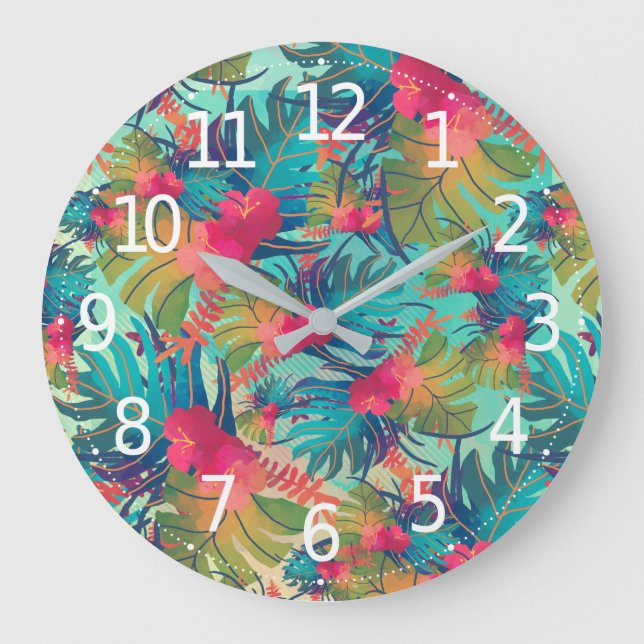 Bunte tropische BlumenWanduhr des Aquarell-| Große Wanduhr (Vorderseite)