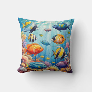 Bunte tropische Korallenriff-Fische Aquarell Kissen