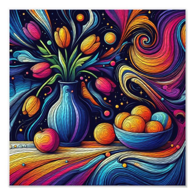 bunte Tulpen und frische Orangen Fotodruck (Vorne)