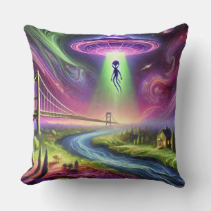 Bunte UFO-Entführungsszene Alien und kosmischer Hi Kissen