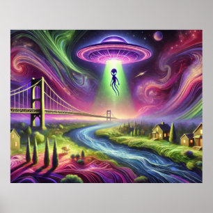 Bunte UFO-Entführungsszene Alien und kosmischer Hi Poster