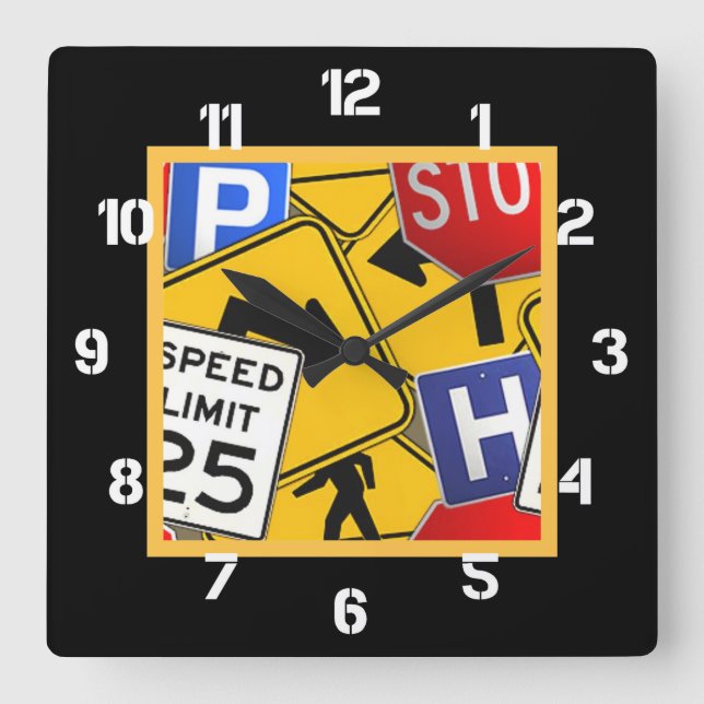 Bunte Verkehrszeichen Quadratische Wanduhr (Vorderseite)