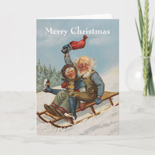 Bunte Vintage Gnomes auf einer Sleighkarte Feiertagskarte