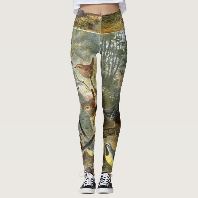 Bunte Vintage Illustration der Vögel Leggings (Vorderseite)