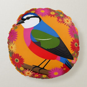 Bunte Vogel Lebendige Blumen Natur Kunst Rundes Kissen