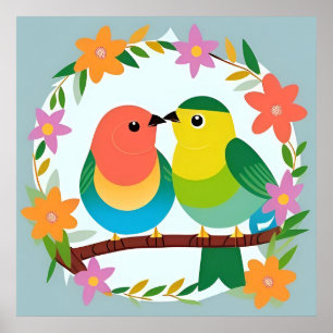 Bunte Vögel sitzen auf einem Ast Poster
