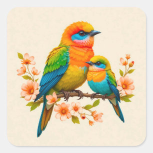 Bunte Vögel sitzen auf einem Ast Quadratischer Aufkleber