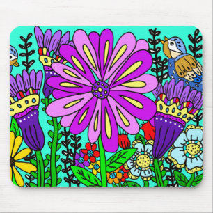 Bunte Vögel und Blumen im Stil der Volkskunst   Mousepad