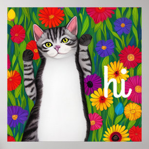 Bunte Volks kunst Katze und Blumen sagen Hallo KI- Poster