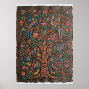 Bunte Volkskunst Baum & Vögel Kunstwerk Poster
