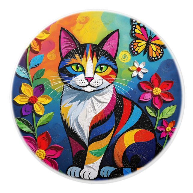 Bunte Volkskunst Katze   Keramikknauf (Vorderseite)