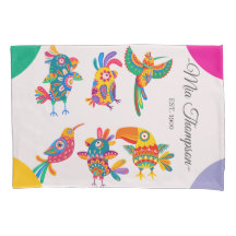 Bunte Volkskunst-Vögel mit Monogramm in Rosa, Grün