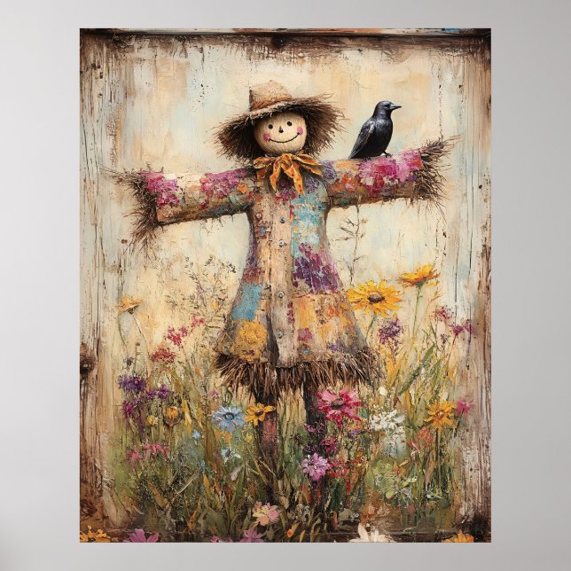 Bunte Volkskunst-Vogelscheuche mit Wildblumen Poster (Vorne)