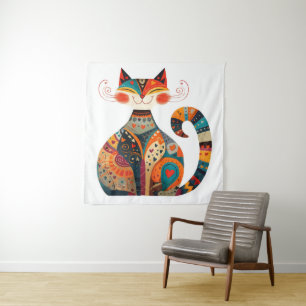 Bunte Volkskunstkatze Wandteppich