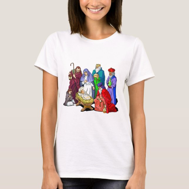 Bunte WeihnachtsGeburt Christis-Szene T-Shirt (Vorderseite)