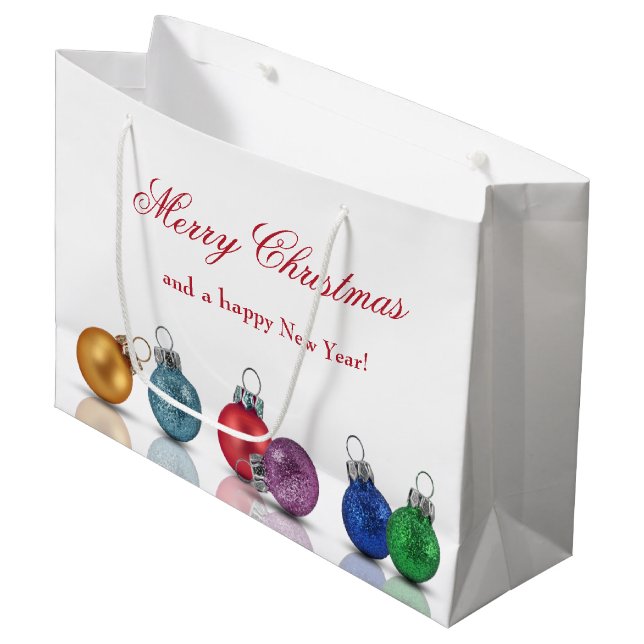 Bunte WeihnachtsGlitzer-Verzierungen Große Geschenktüte (Vorderseite Schrägansicht)