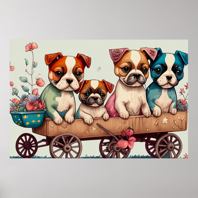 Bunte Welpen im Wagen Poster (Vorne)