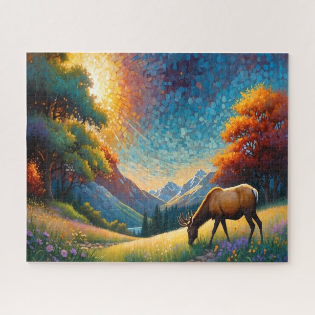 Bunte Wiesenelk mit Blumen Kunst (Horizontal)