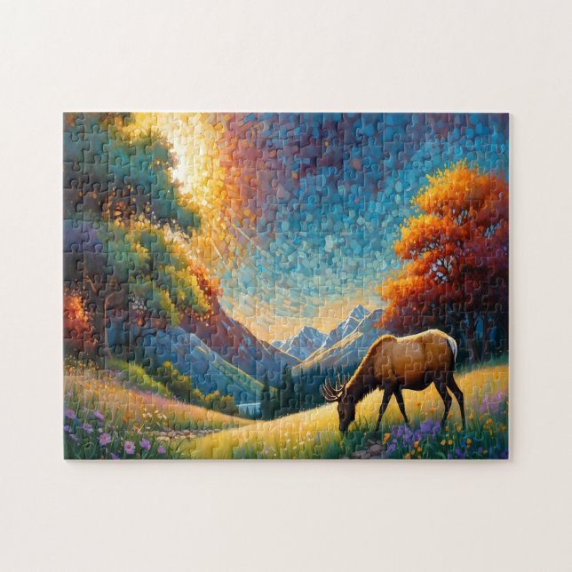 Bunte Wiesenelk mit Blumen Kunst (Horizontal)