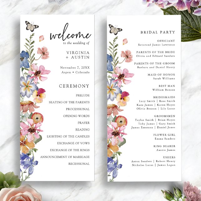 Bunte Wildblumenhochzeit Programm (Colorful Wildflower Wedding Program with Butterfly by Painted Paperie
)