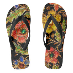 Bunte wulstige Blumen auf Samt Flip Flops
