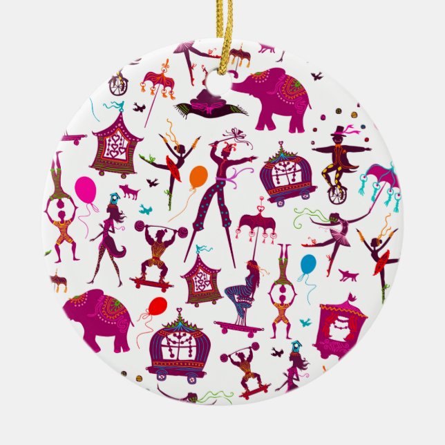 bunte Zirkuscharaktere auf Weiß Keramik Ornament (Vorne)