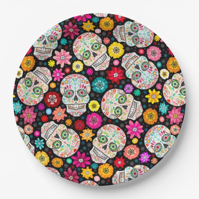 Bunte Zuckerschädel-und -Blumen-Fiesta auf Pappteller (Vorderseite)