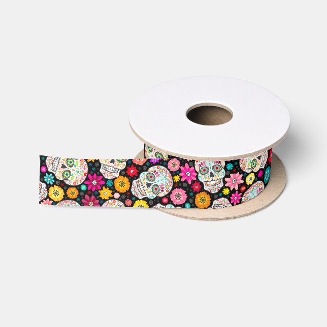 Bunte Zuckerschädel-und -Blumen-Fiesta auf Satinband (Spule)