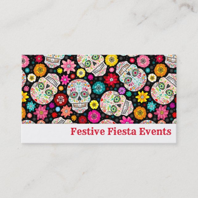 Bunte Zuckerschädel-und -Blumen-Fiesta auf Visitenkarte (Vorderseite)
