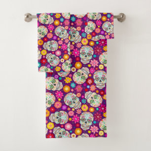 Bunte Zuckerschädel-und -Blumen-Fiesta lila Badhandtuch Set