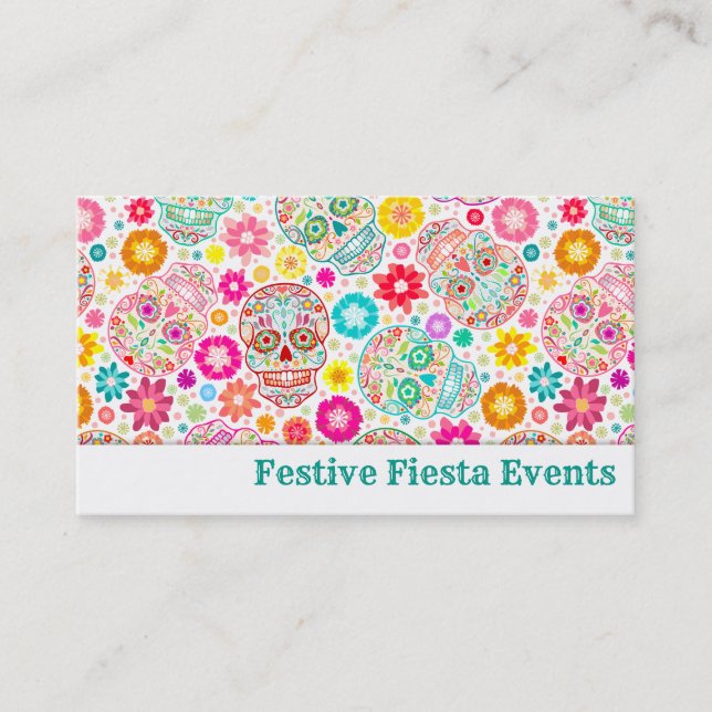 Bunte Zuckerschädel-und -Blumen-Fiesta Visitenkarte (Vorderseite)