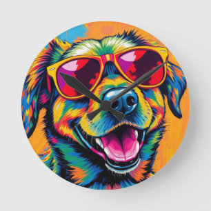 Bunter abstrakter Hund mit Sonnenbrille Runde Wanduhr