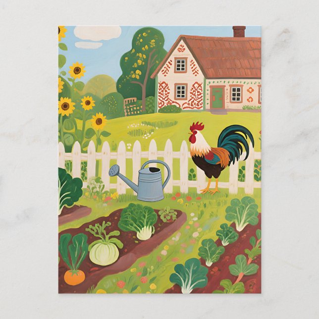 Bunter Bauerngarten Hahn Postkarte (Vorderseite)