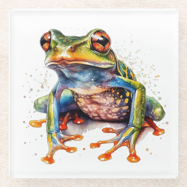 bunter Baumfrosch in Aquarell Glasuntersetzer (Vorderseite)