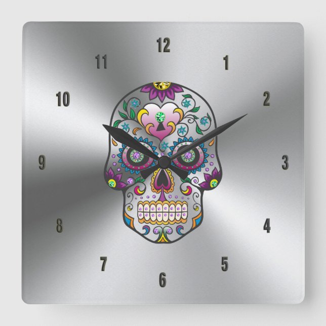 Bunter Blumenschädel auf metallischem Edelstahl Quadratische Wanduhr (Vorderseite)