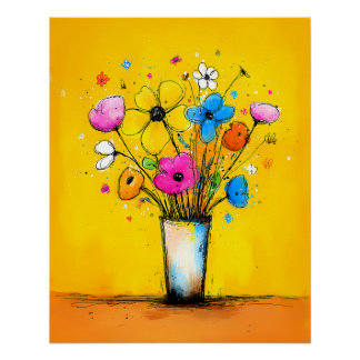 Bunter Blumenstrauß in Vase - Pop Art Cartoon Stil Poster