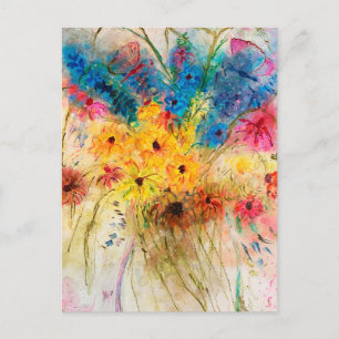 Bunter Blumenstrauß mit Schmetterlingen. Aquarell Postkarte