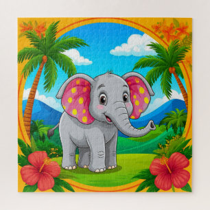 Bunter Cartoon-Elefant in tropischer Landschaft
