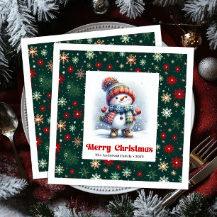 Bunter Cartoon-Schneemann mit Schneeflocken Kinder Serviette