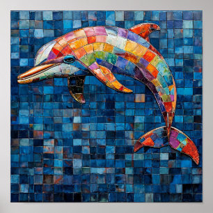 Bunter Delfin-Mosaik-Ozeanwellen-Kunst   🐬🎨🌊✨🌈 Poster