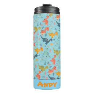 Bunter Dino-Cartoon Blaues Muster Name Thermosbecher