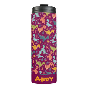 Bunter Dino-Cartoon rotes Muster Name  Thermosbecher