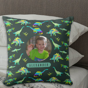 Bunter Dinosaurier Personalisiertes Jungen-Foto un Kissen