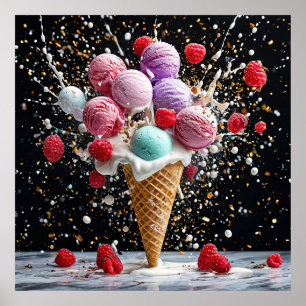 🍦 Bunter Eiscreme-Kegel-Splash-Dessert-Dekor 🍦 Poster