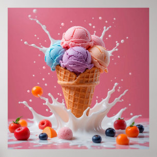 Bunter Eiswaffel mit spritzender Milch Poster