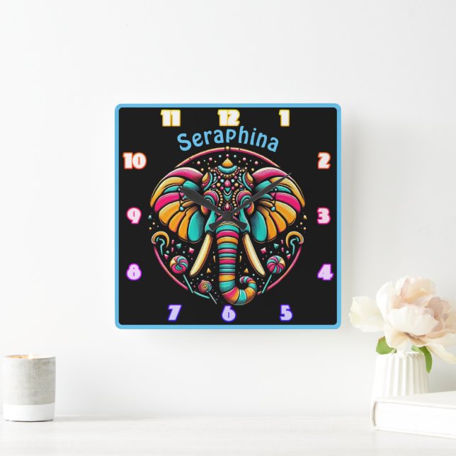 Bunter Elefant mit lebhaften Dekorationen Quadratische Wanduhr (Zuhause)