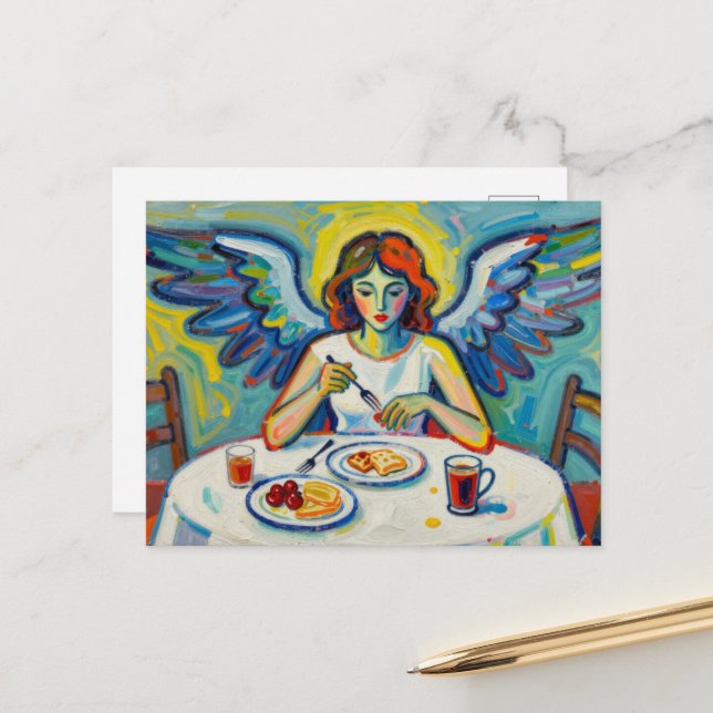 Bunter Engel beim Frühstück Postkarte (Vorderseite/Rückseite Beispiel)