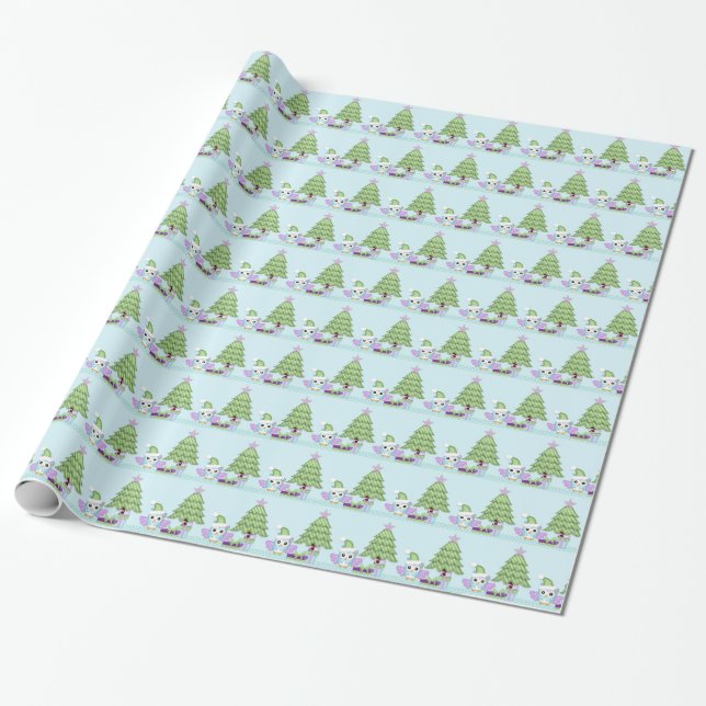 Bunter Eulen- u. Weihnachtsbaum w/gifts Geschenkpapier (Ungerollt)